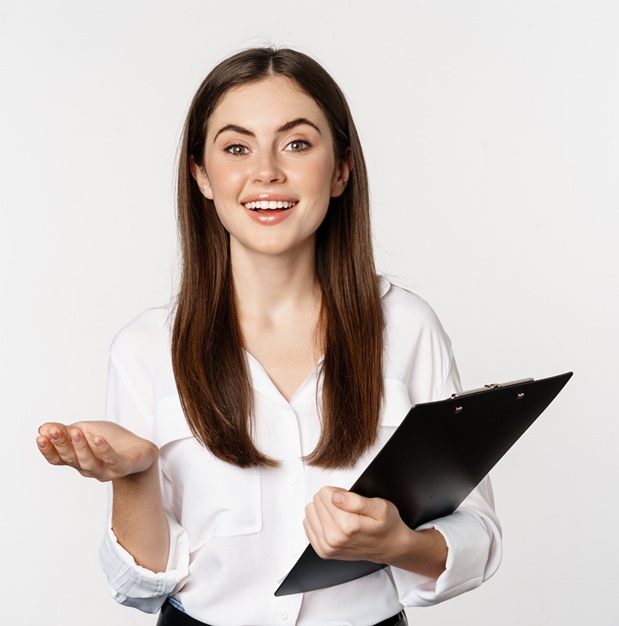 corporate woman, businesswoman holding clipboard with documents in office, smiling at camera, white background